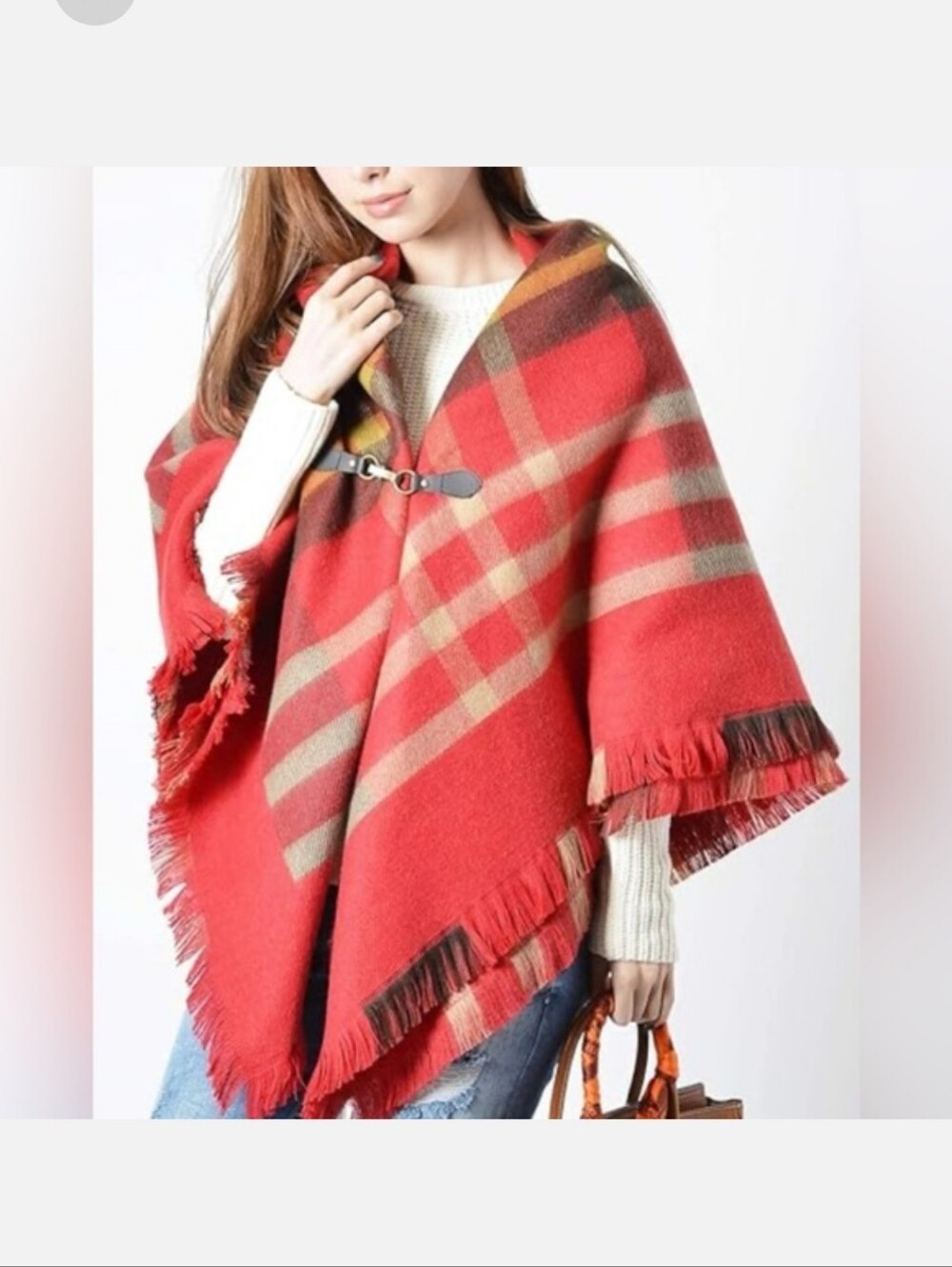 Red Plaid Fringe Poncho Cape - Stylish Women’s Wrap